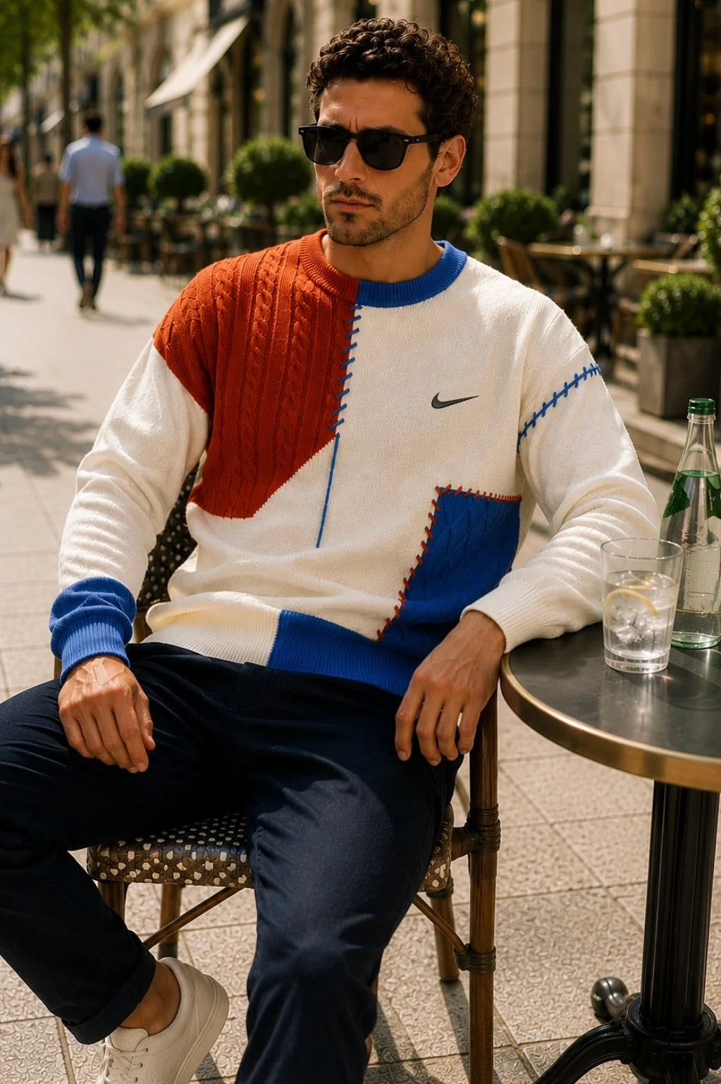 Men’s Color-Block Cable Knit Sweater – Crew Neck Patchwork Pullover