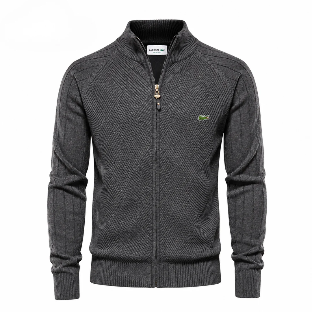 Men’s Textured Knit Zip-Up Sweater – Diamond Pattern Stand Collar Cardigan