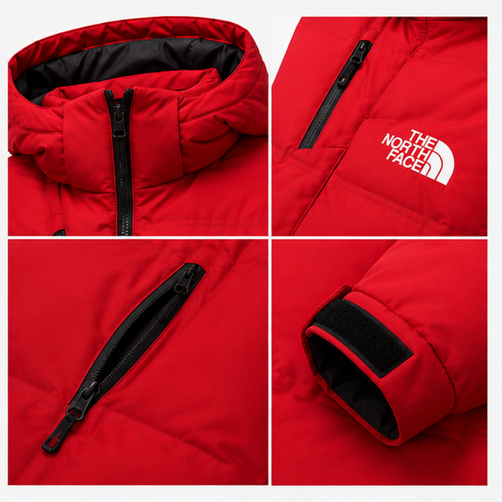 Close-up details of red padded jacket: hood, chest zip pocket, zip hand pocket and adjustable cuff tab