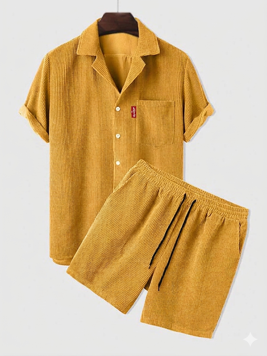 Men’s Corduroy Short Sleeve Shirt & Shorts Set – Casual Summer Co-Ord Outfit