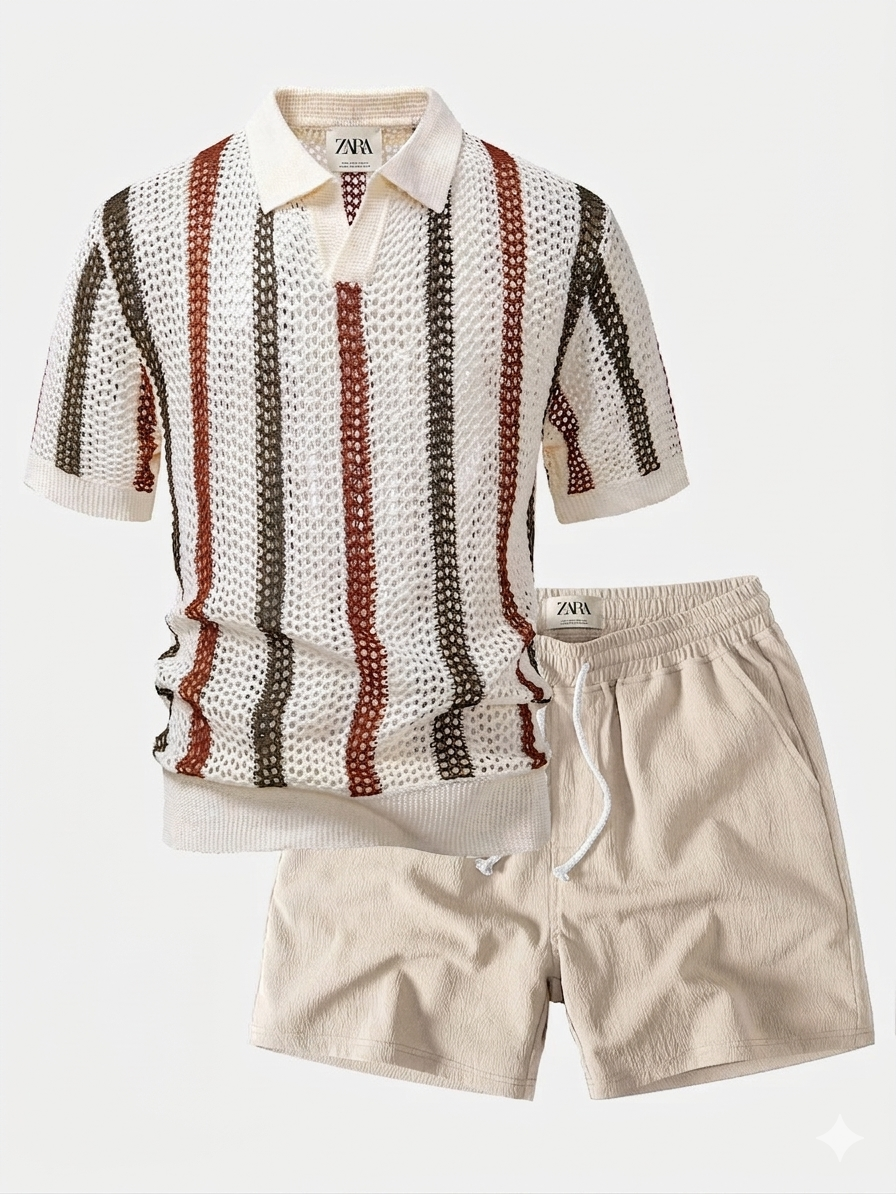 Men’s Summer Knit Set – Breathable Polo Shirt & Shorts Outfit