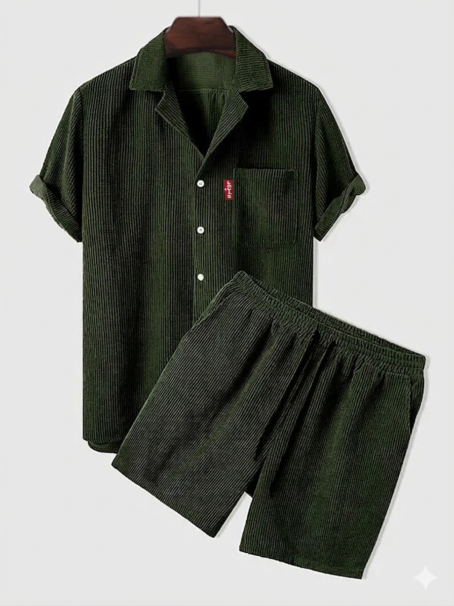 Men’s Corduroy Short Sleeve Shirt & Shorts Set – Casual Summer Co-Ord Outfit