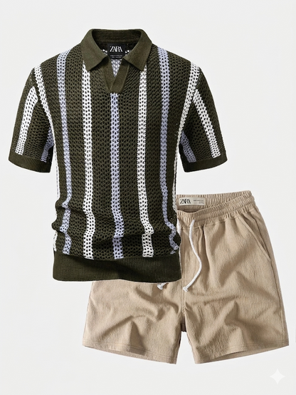 Men’s Summer Knit Set – Breathable Polo Shirt & Shorts Outfit