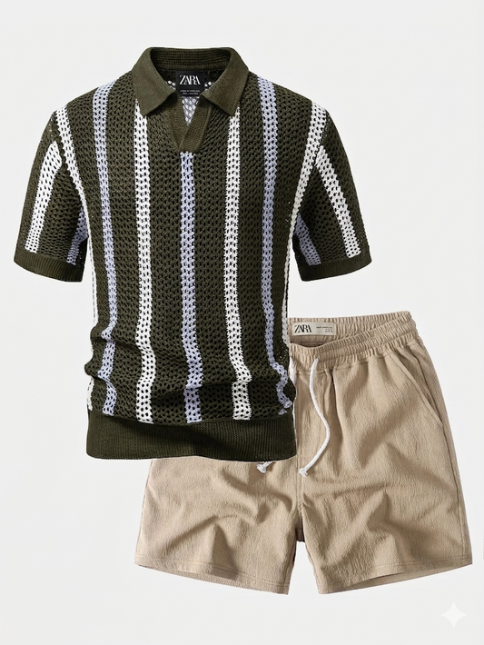 Men’s Summer Knit Set – Breathable Polo Shirt & Shorts Outfit