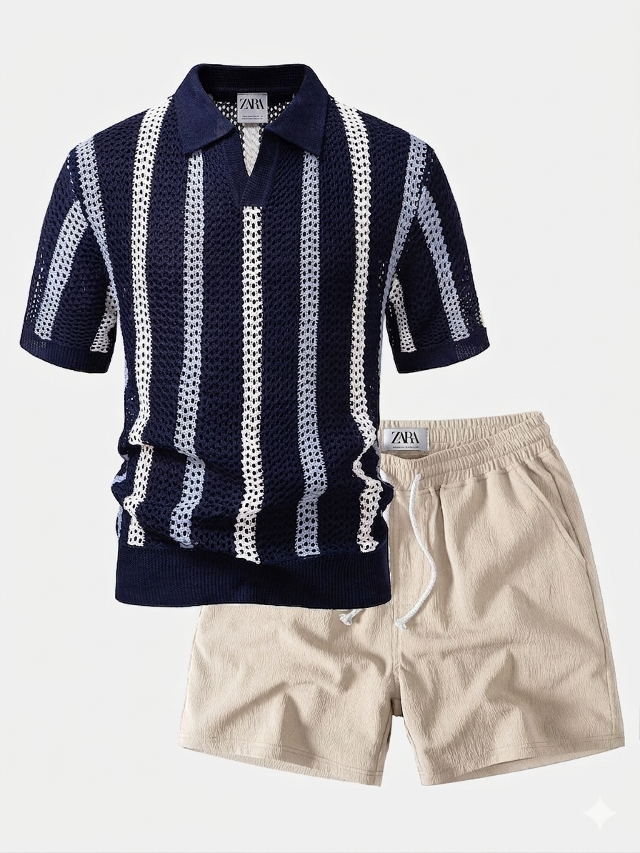 Men’s Summer Knit Set – Breathable Polo Shirt & Shorts Outfit