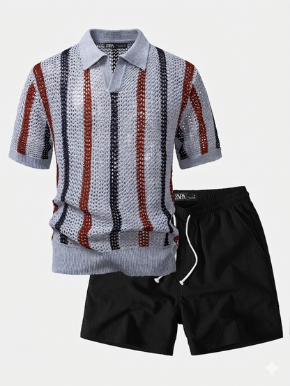 Men’s Summer Knit Set – Breathable Polo Shirt & Shorts Outfit