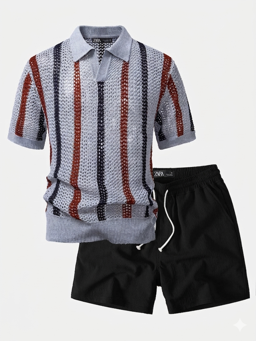 Men’s Summer Knit Set – Breathable Polo Shirt & Shorts Outfit