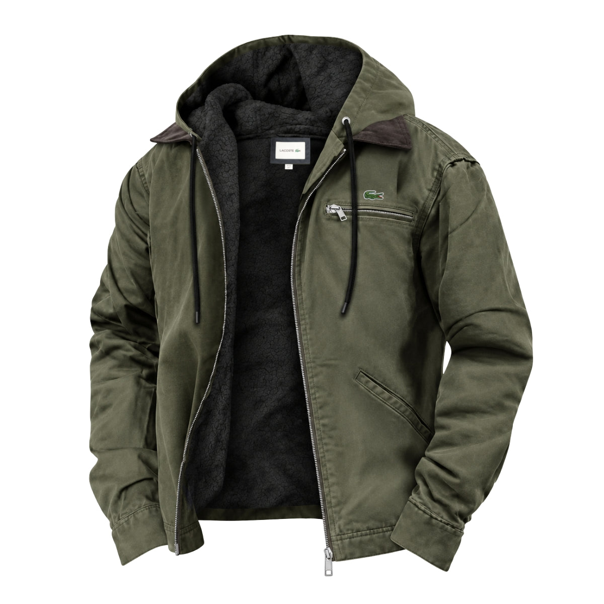Men's army green hooded jacket with soft fleece lining, contrast collar, drawcord hood and zip chest pocket – front view, unzipped