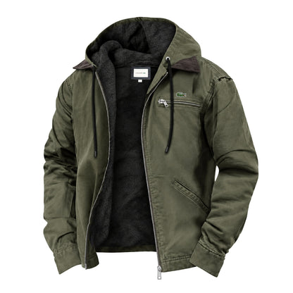 Men's army green hooded jacket with soft fleece lining, contrast collar, drawcord hood and zip chest pocket – front view, unzipped