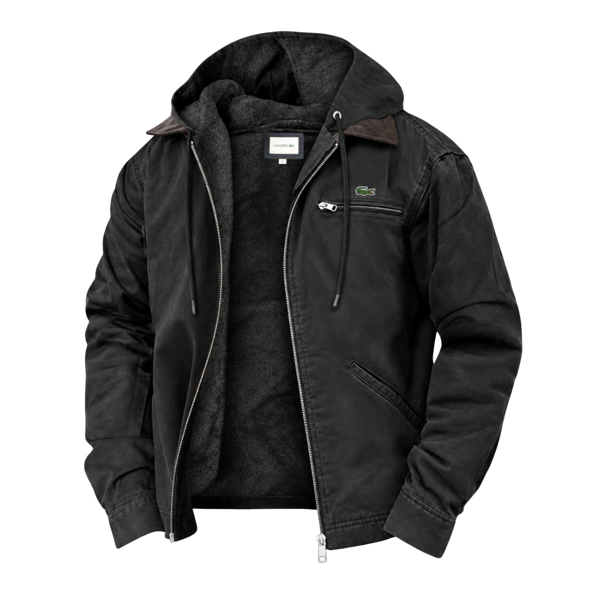 Men's black hooded jacket with soft fleece lining, contrast collar, drawcord hood and zip chest pocket – front view, unzipped