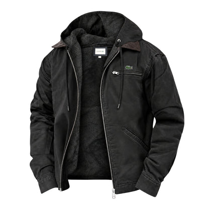 Men's black hooded jacket with soft fleece lining, contrast collar, drawcord hood and zip chest pocket – front view, unzipped