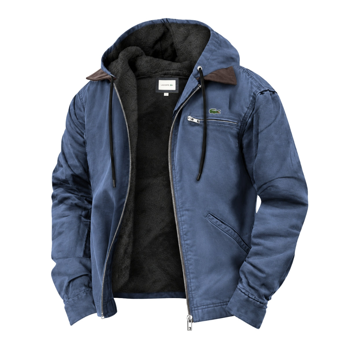 Men's blue hooded jacket with soft fleece lining, contrast collar, drawcord hood and zip chest pocket – front view, unzipped