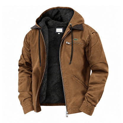 Men's brown hooded jacket with soft fleece lining, contrast collar, drawcord hood and zip chest pocket – front view, unzipped