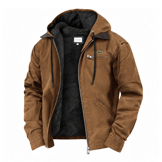 Men's brown hooded jacket with soft fleece lining, contrast collar, drawcord hood and zip chest pocket – front view, unzipped