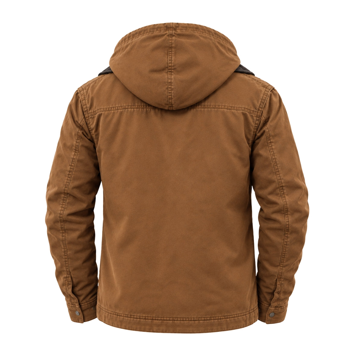 Back view of men's brown fleece-lined hooded jacket