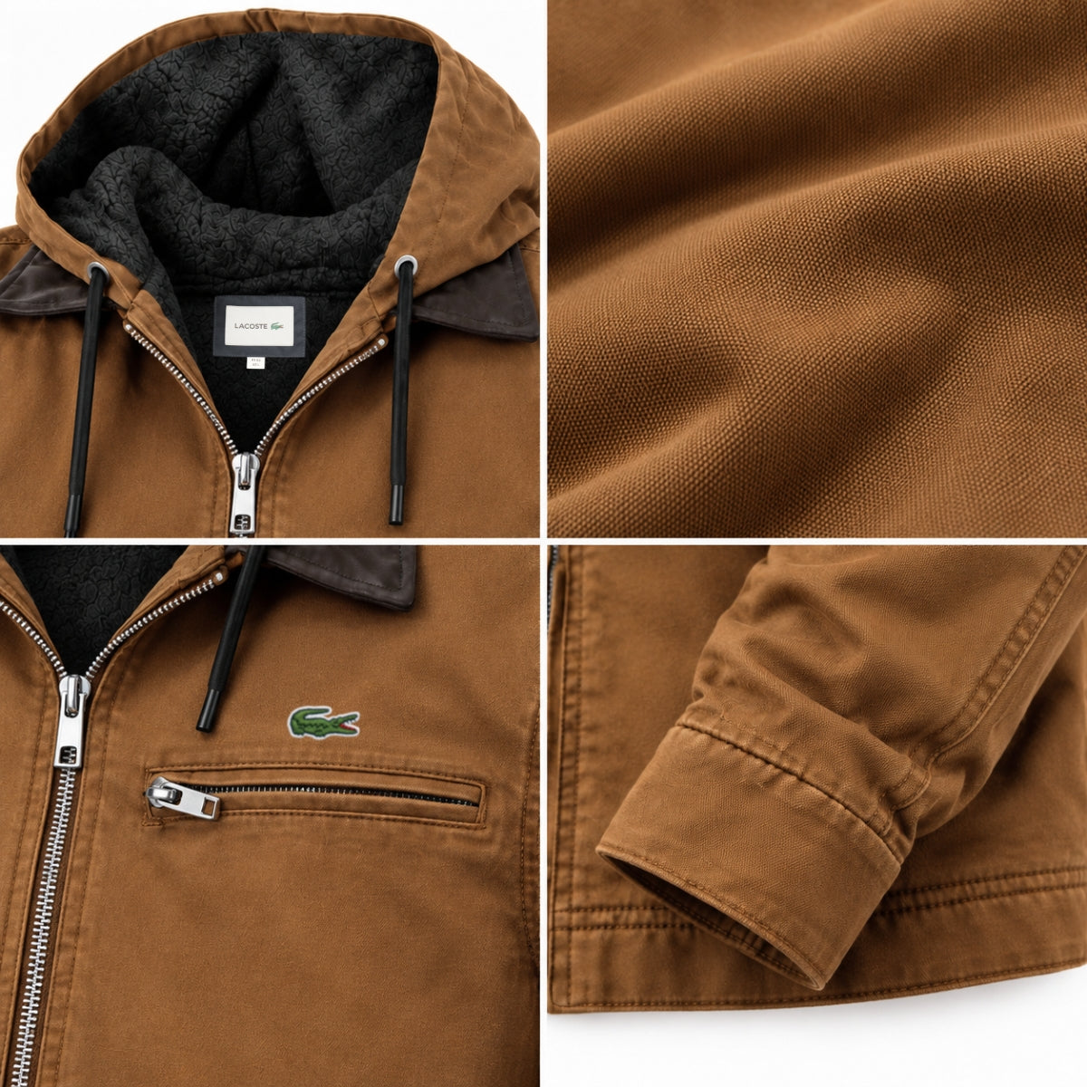 Close-up details of brown hooded jacket: fleece-lined hood with drawcords, zip chest pocket, outer fabric texture and cuff