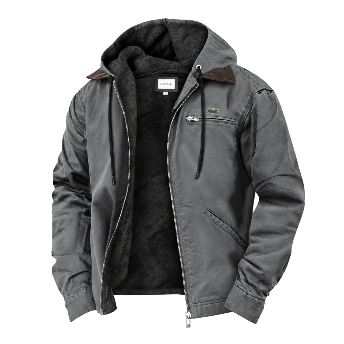 Men's gray hooded jacket with soft fleece lining, contrast collar, drawcord hood and zip chest pocket – front view, unzipped