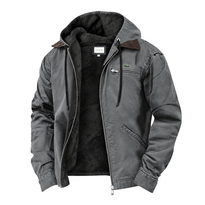 Men's gray hooded jacket with soft fleece lining, contrast collar, drawcord hood and zip chest pocket – front view, unzipped