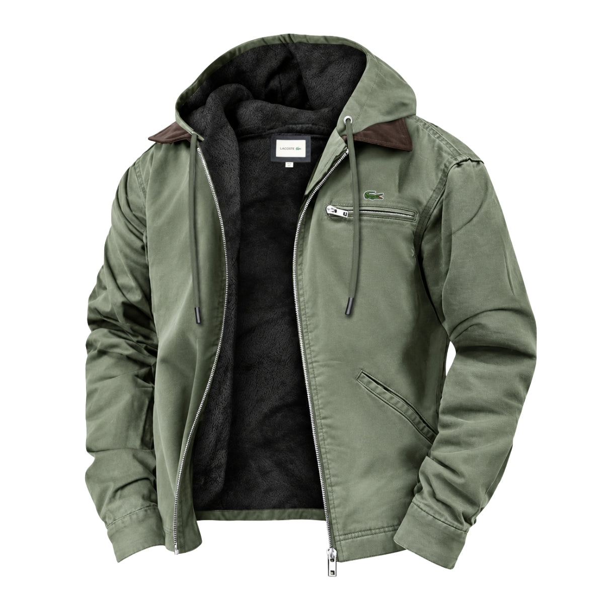 Men's light green hooded jacket with soft fleece lining, contrast collar, drawcord hood and zip chest pocket – front view, unzipped