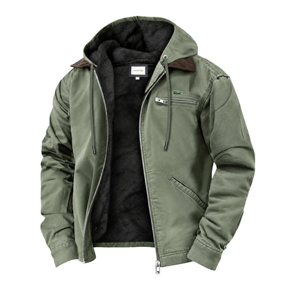 Men's light green hooded jacket with soft fleece lining, contrast collar, drawcord hood and zip chest pocket – front view, unzipped