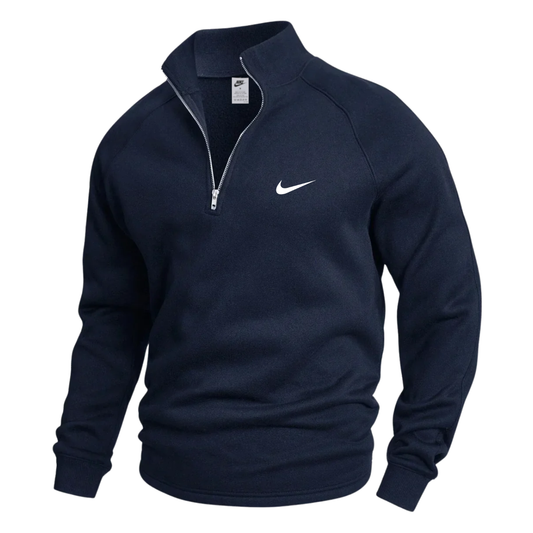 Men's navy fleece-lined quarter-zip sweatshirt with stand collar, metal zipper and raglan sleeves – front view