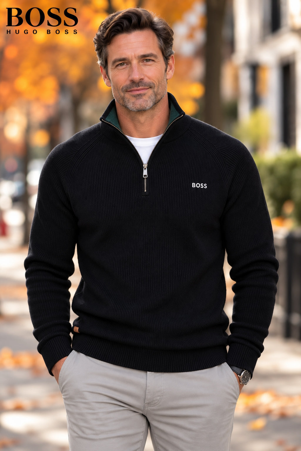 Man wearing a black ribbed-knit half-zip sweater with chinos – front view