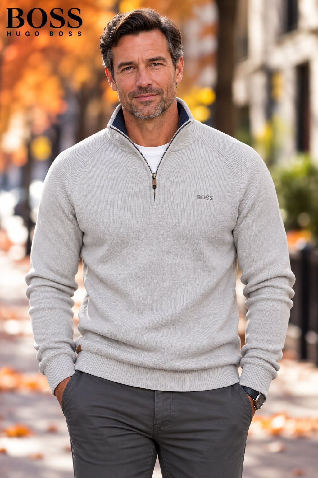 Man wearing a gray ribbed-knit half-zip sweater with chinos – front view