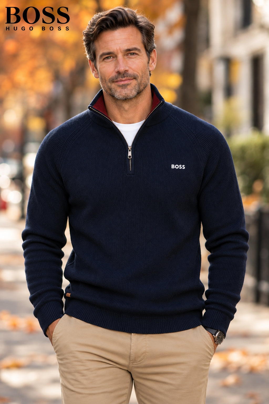 Man wearing a navy ribbed-knit half-zip sweater with chinos – front view