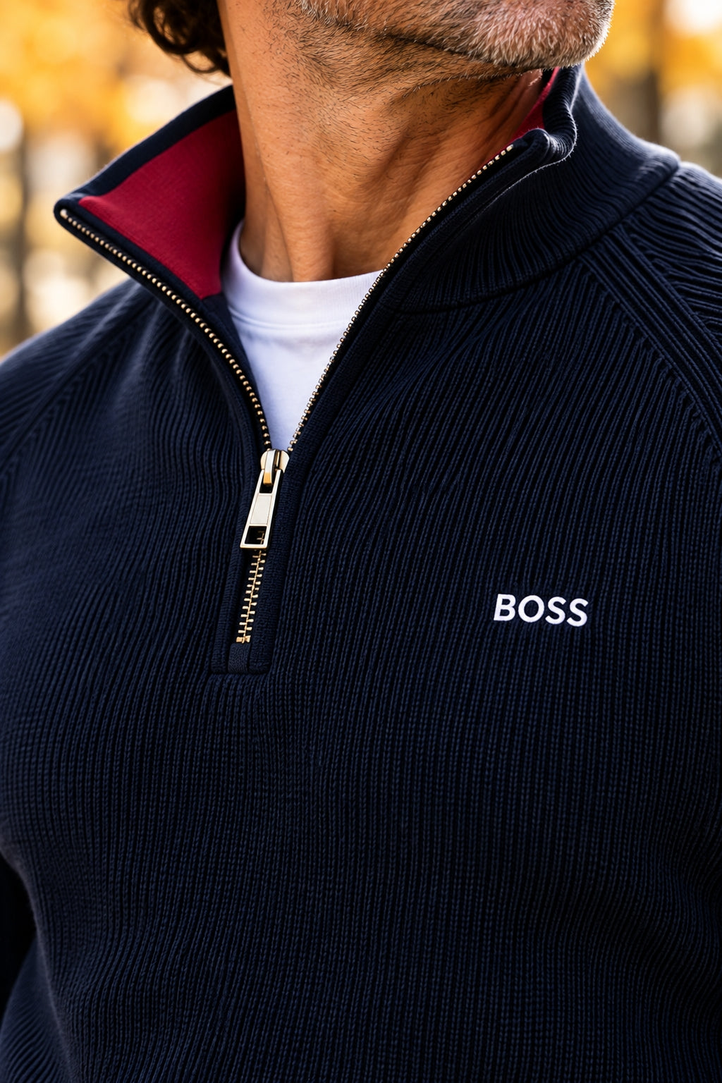 Close-up of the navy sweater's half-zip collar and ribbed knit texture