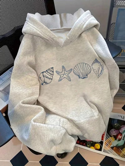 Women’s Seashell Print Oversized Hoodie – Casual Beach Style Pullover