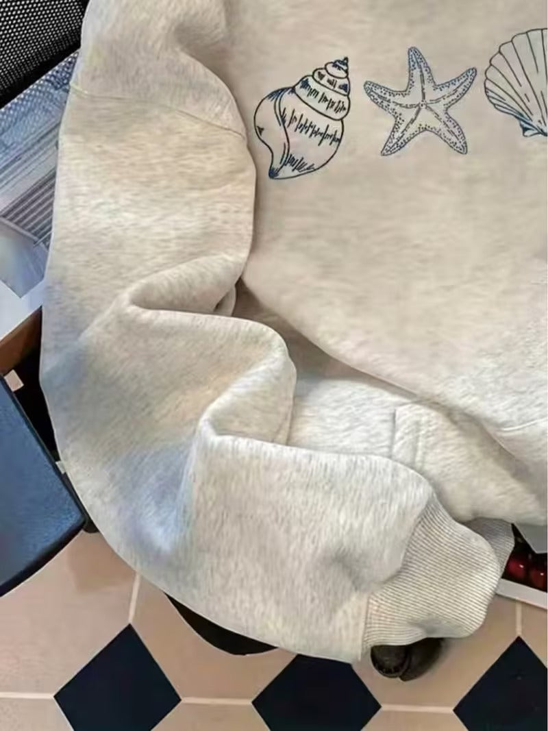 Women’s Seashell Print Oversized Hoodie – Casual Beach Style Pullover