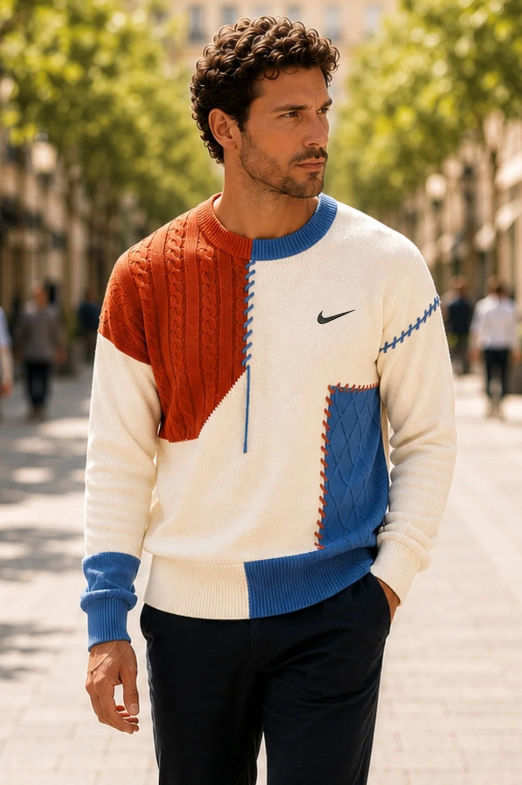 Men’s Color-Block Cable Knit Sweater – Crew Neck Patchwork Pullover