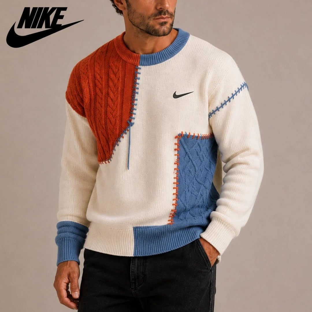 Men’s Color-Block Cable Knit Sweater – Crew Neck Patchwork Pullover
