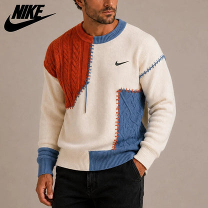 Men’s Color-Block Cable Knit Sweater – Crew Neck Patchwork Pullover