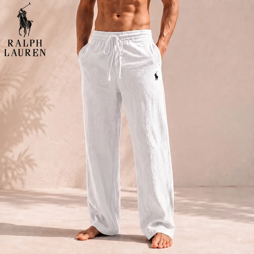 Men’s Linen Blend Wide-Leg Trousers – Relaxed Fit Drawstring Pants