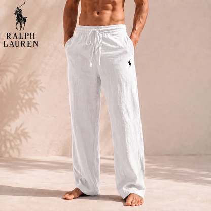 Men’s Linen Blend Wide-Leg Trousers – Relaxed Fit Drawstring Pants