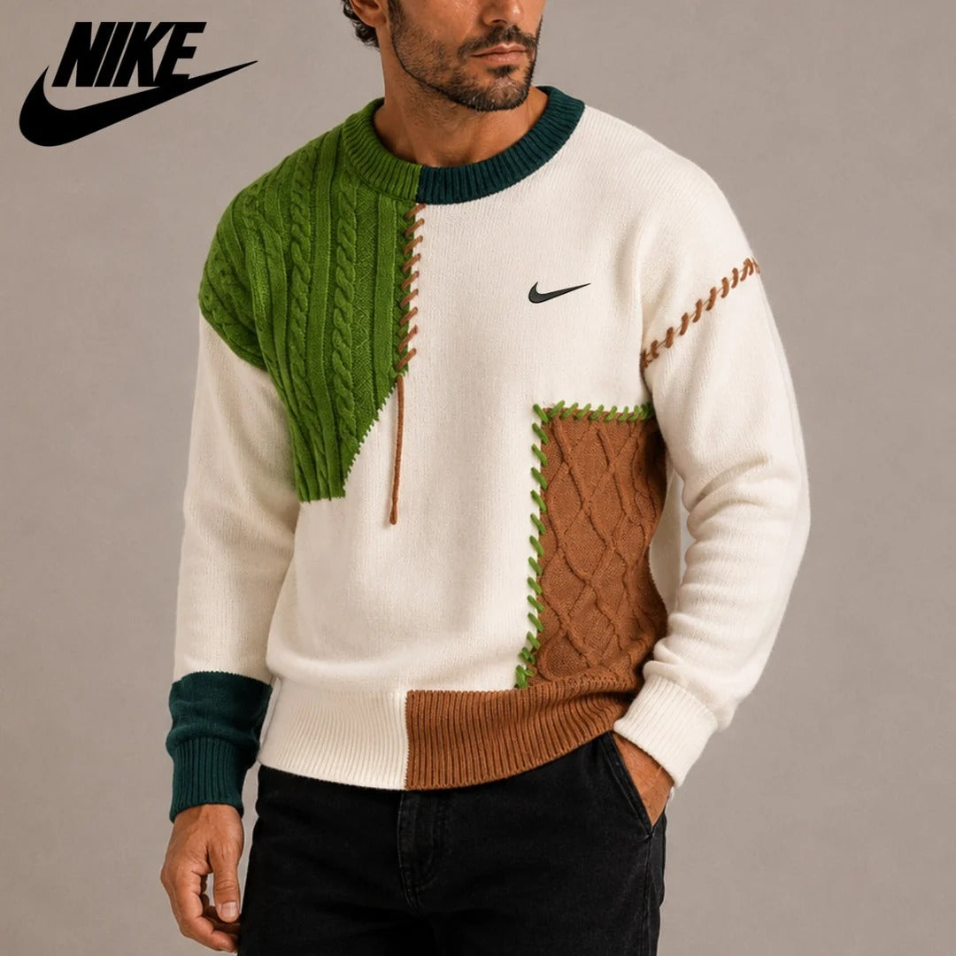 Men’s Color-Block Cable Knit Sweater – Crew Neck Patchwork Pullover