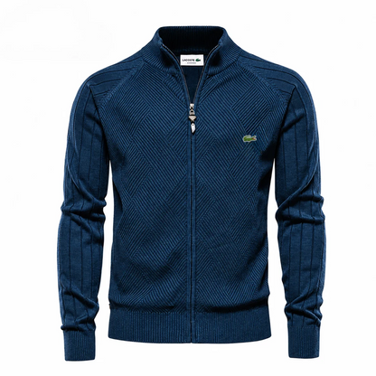 Men’s Textured Knit Zip-Up Sweater – Diamond Pattern Stand Collar Cardigan
