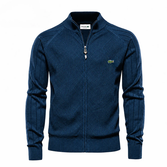 Men’s Textured Knit Zip-Up Sweater – Diamond Pattern Stand Collar Cardigan