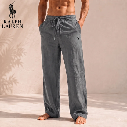Men’s Linen Blend Wide-Leg Trousers – Relaxed Fit Drawstring Pants