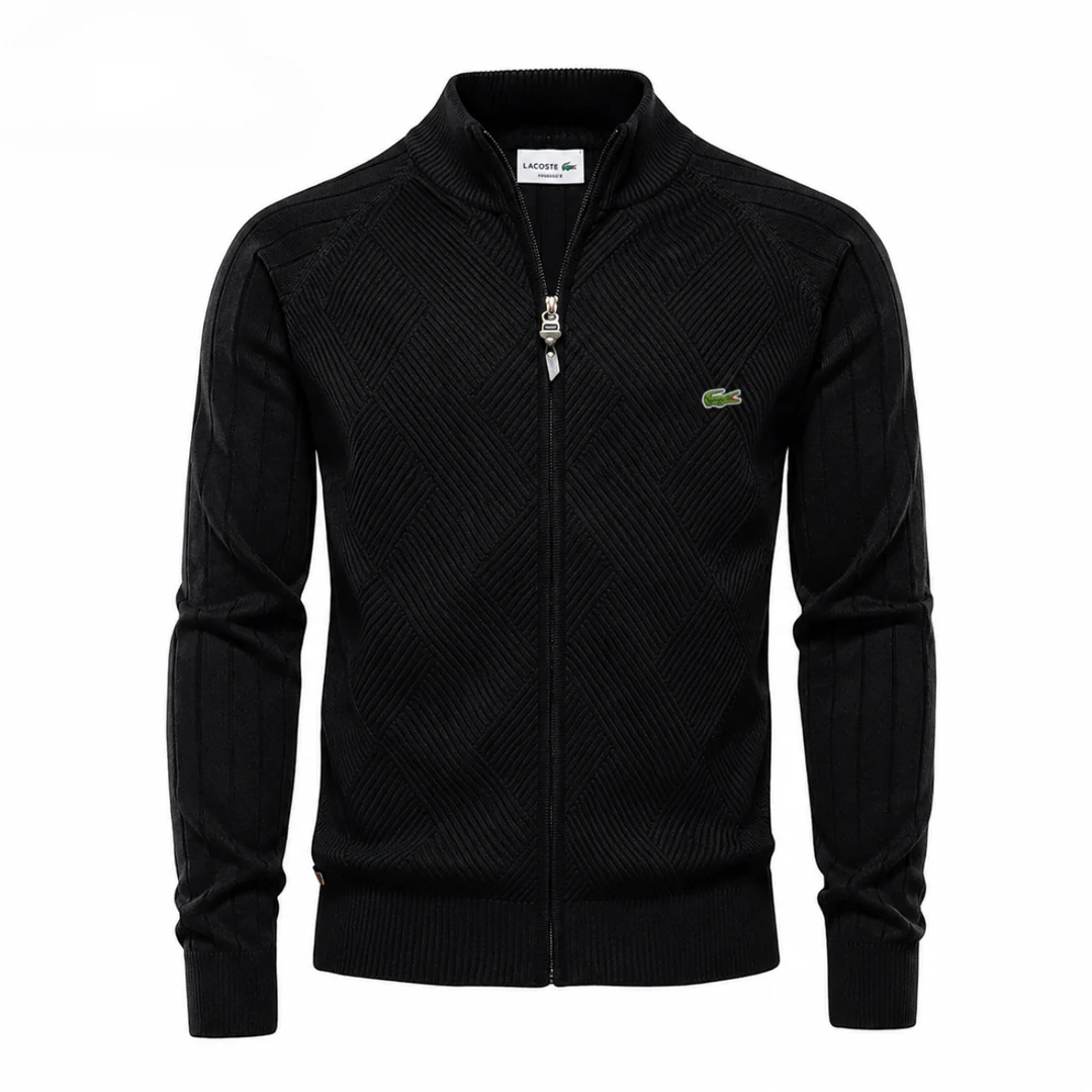 Men’s Textured Knit Zip-Up Sweater – Diamond Pattern Stand Collar Cardigan
