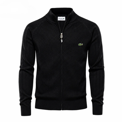 Men’s Textured Knit Zip-Up Sweater – Diamond Pattern Stand Collar Cardigan