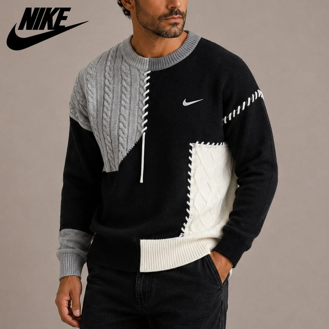 Men’s Color-Block Cable Knit Sweater – Crew Neck Patchwork Pullover