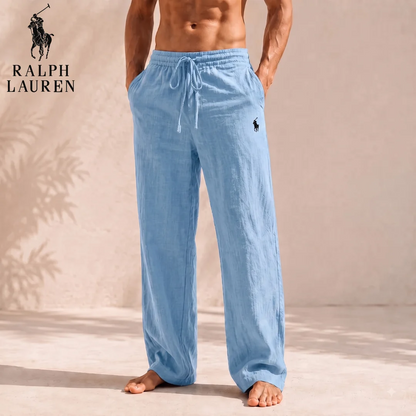 Men’s Linen Blend Wide-Leg Trousers – Relaxed Fit Drawstring Pants