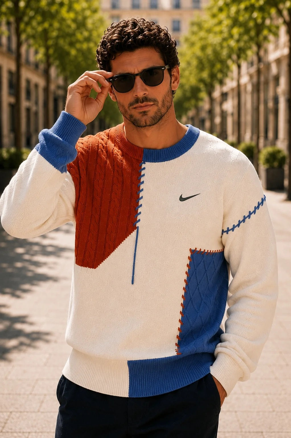 Men’s Color-Block Cable Knit Sweater – Crew Neck Patchwork Pullover