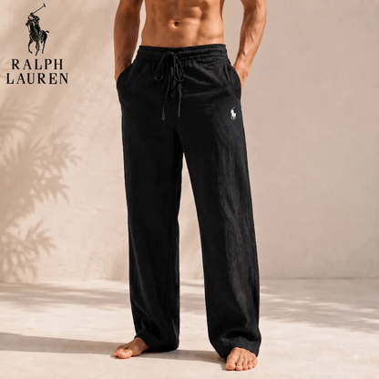 Men’s Linen Blend Wide-Leg Trousers – Relaxed Fit Drawstring Pants