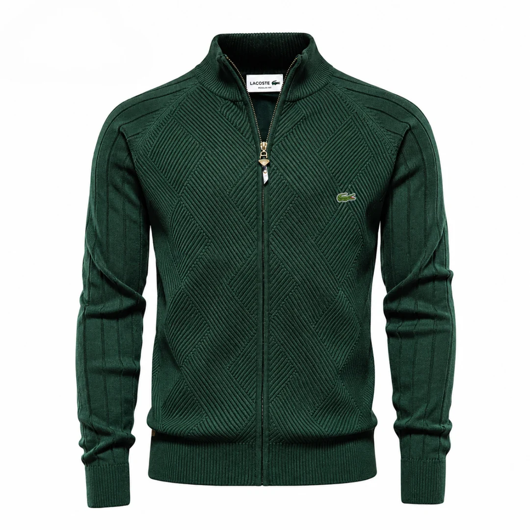 Men’s Textured Knit Zip-Up Sweater – Diamond Pattern Stand Collar Cardigan