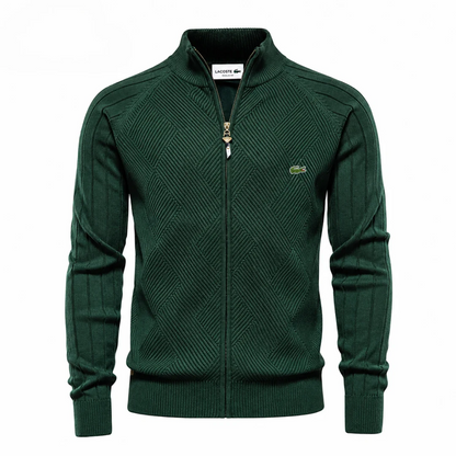 Men’s Textured Knit Zip-Up Sweater – Diamond Pattern Stand Collar Cardigan