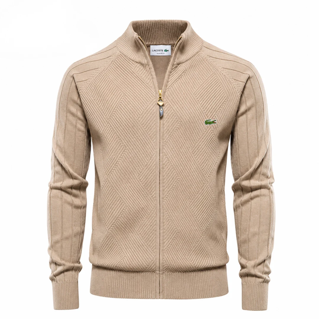 Men’s Textured Knit Zip-Up Sweater – Diamond Pattern Stand Collar Cardigan