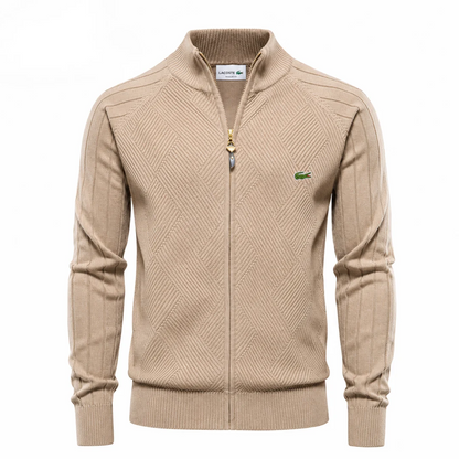 Men’s Textured Knit Zip-Up Sweater – Diamond Pattern Stand Collar Cardigan